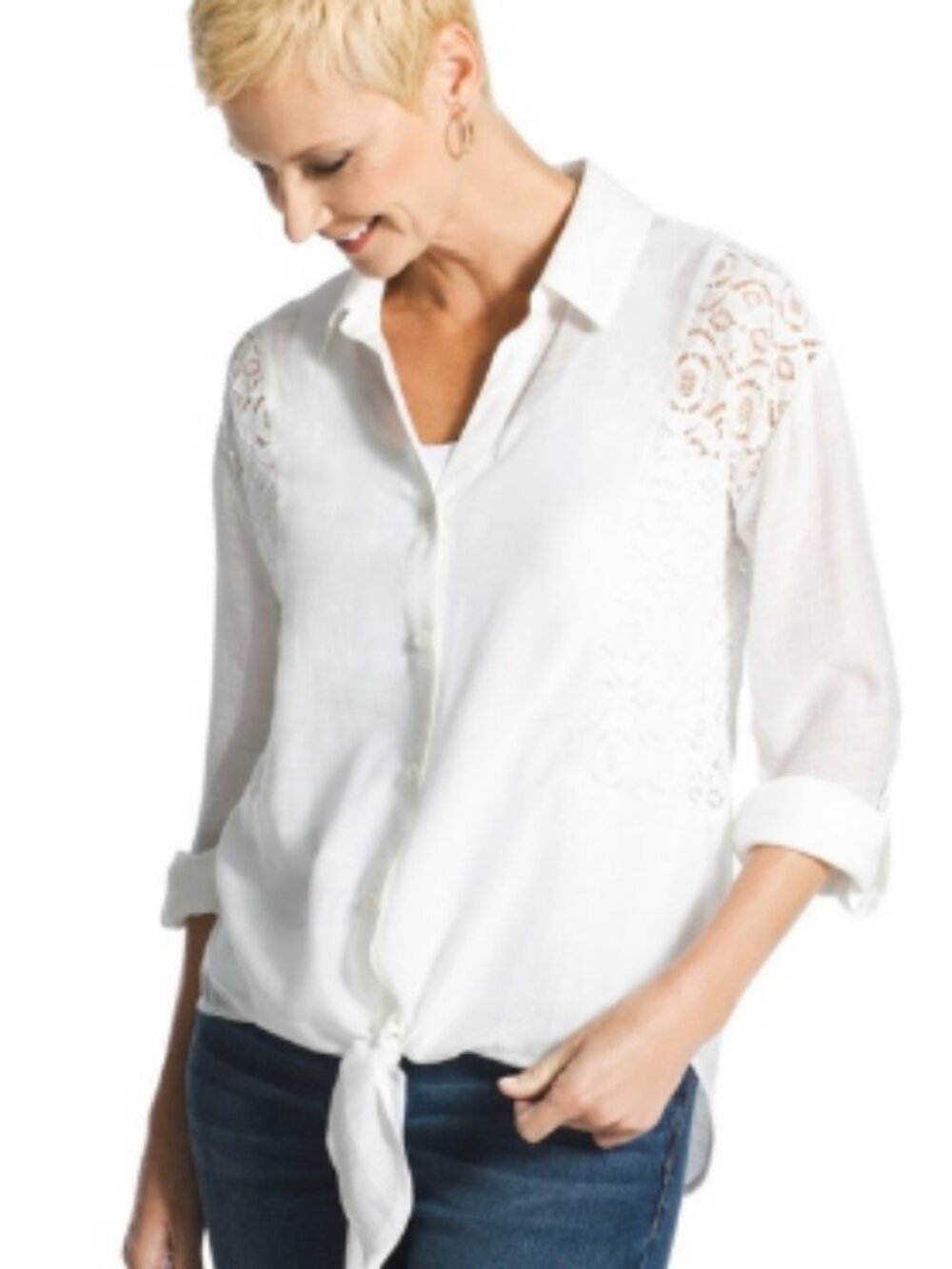 Chico's Solid White Size 2 US 12 Lace Crinkle Button & Tie Front Rayon Poly 3/4